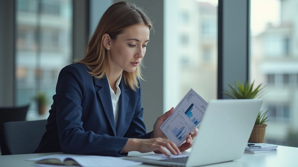 Профессиональный бухгалтер работает с финансовыми отчетами и документами на современном рабочем столе