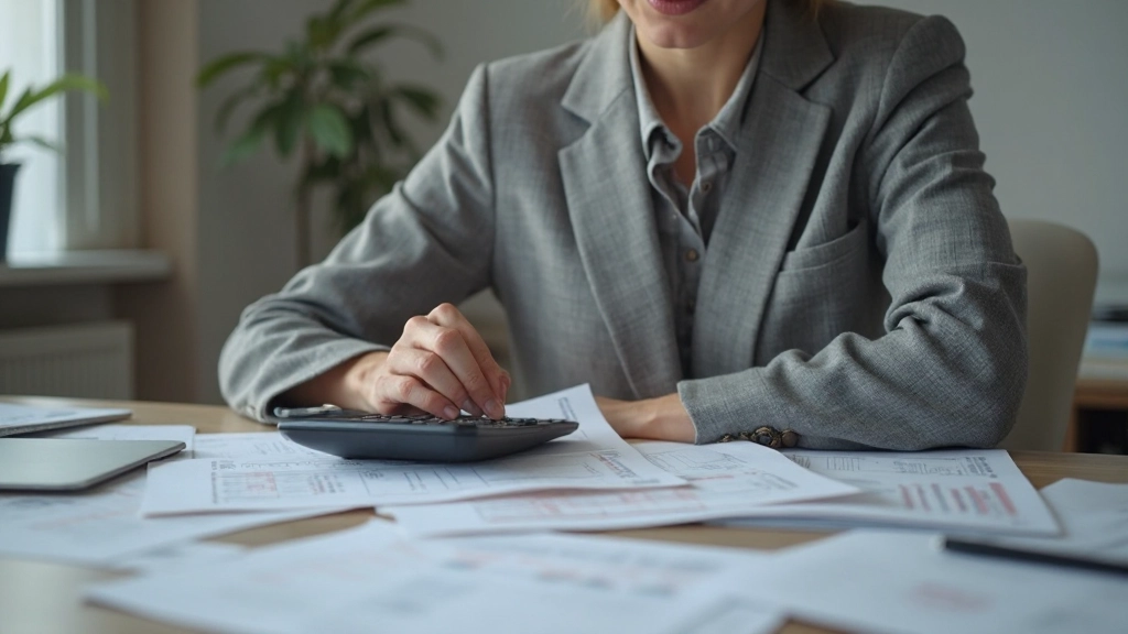 Финансовый специалист работает с документами и калькулятором, готовя налоговый отчет